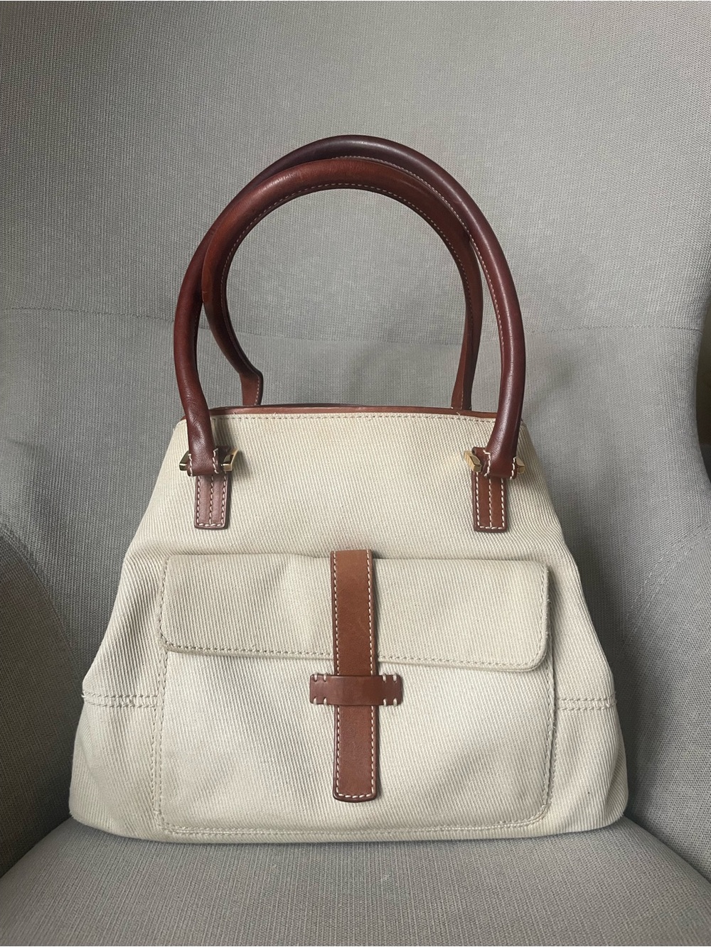 Loro Piana Globe Beige Canvas Brown Leather Lining Shoulder Handbag